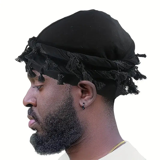 2023 Vintage Twist Head Wraps Durag With Tassel for Men Black Grey Turban Scarf Tie Boys Hair Wrap