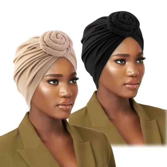 2pcs/lot Women Turban Cotton Top Knot Flower Decor Headwrap Muslim Ladies Hair Cover Beanie Head Wear Solid Color India Hat